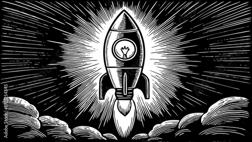 A rocket ship blasting off into the sky with dramatic speed and energy from a cloudy launchpad viewed from below