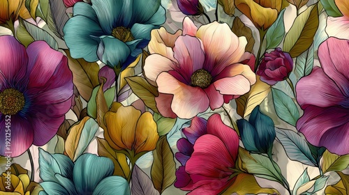 Vibrant abstract floral pattern in rich jewel tones