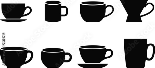 coffee, cups, silhouette, collection, mug, teacup, cafe, drink, icon, set, black, isolated, outline, vector, illustration, kitchen, design, template, clipart, pack