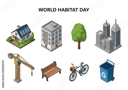 Illustrations depicting urban elements, housing, construction, transportation, and nature for World Habitat Day themes