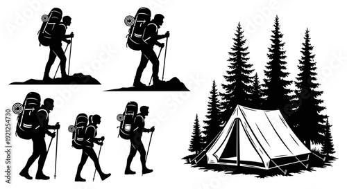 silhouettes of backpackers hiking with trekking poles and a camping tent among pine trees embodying outdoor adventure and nature travel.