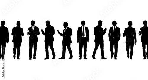 silhouettes of businessmen standing walking and using mobile phones symbolizing modern corporate communication and digital connectivity.
