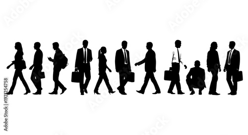silhouettes of diverse business professionals in motion and standing illustrating modern urban corporate life workforce and daily routines.