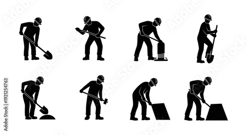 silhouettes of construction workers performing manual labor tasks including digging shoveling and compacting essential for job sites.