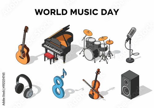 Illustration of various musical instruments and audio equipment celebrating World Music Day