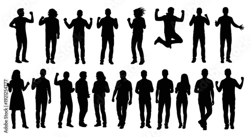 silhouettes of diverse men and women raising fists and jumping in celebration symbolizing triumph unity and determination.