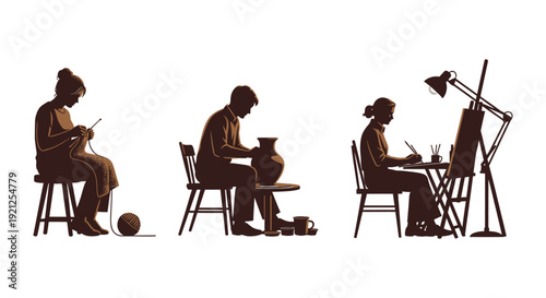 silhouettes of diverse individuals engaging in traditional creative hobbies like knitting pottery and painting depicting artisan crafts and mindful leisure pursuits.