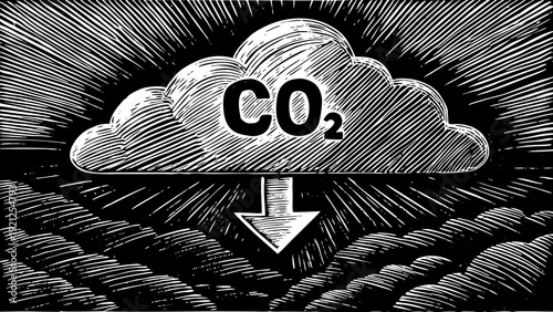 Cloud releasing CO2 into the atmosphere, viewed from below, with dramatic rays and layered clouds