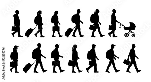 silhouettes of diverse people walking some with luggage briefcases and a baby stroller illustrating concepts of travel daily commutes and urban life.