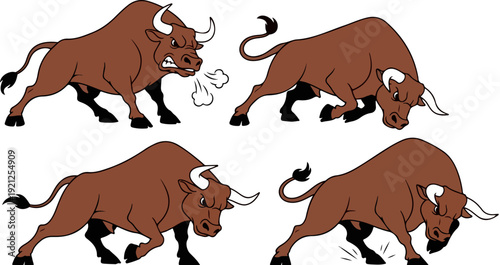 Four brown bull vector illustrations in various aggressive poses. Includes charging, snorting, pawing, and ready-to-attack stances with white horns and black hooves.