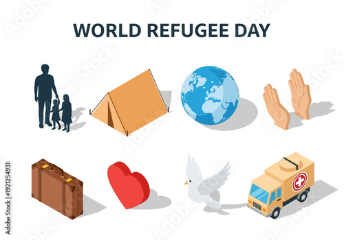 World Refugee Day Icons Representing Displacement, Support, and Global Solidarity for Refugees