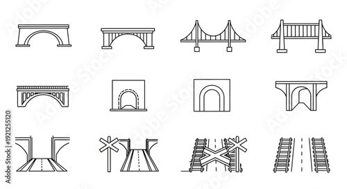 Bridge Architecture Line Icons Set with Arch and Suspension Designs in Black and White