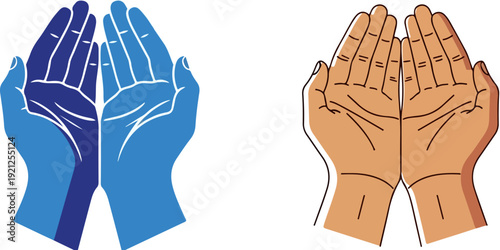 Cupped hands vector illustration set in blue and skin tone. Includes two pairs of open palms facing upwards, ready to receive or give. Created in a flat cartoon style.