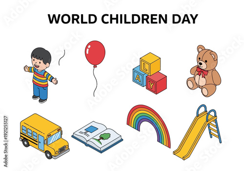 Celebrating World Children's Day with adorable illustrations of a happy child, balloon, teddy bear, school bus, and more fun items