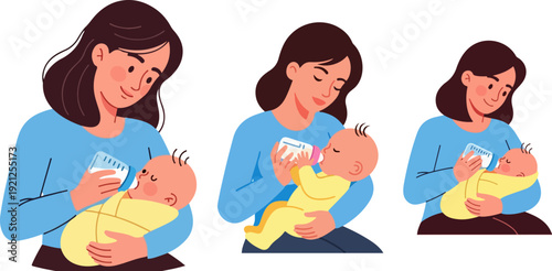 Mother bottle feeding baby vector illustration set. Includes three different poses of a woman feeding an infant. Created in flat cartoon style with a warm color palette.