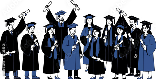 Diverse group of 12 graduates in black and blue caps and gowns holding diplomas, celebrating academic achievement and success.