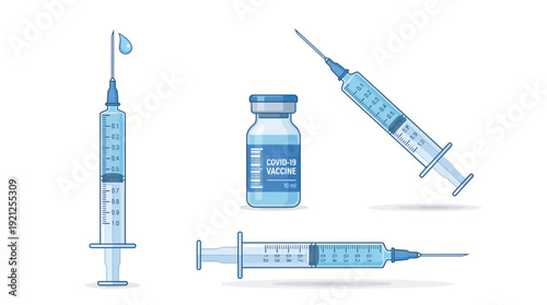 Medical Syringe and Vaccine Vector Set – Blue Injection Needles and Vial for Healthcare Posters, Immunization Campaigns, and Pharmaceutical Design Projects