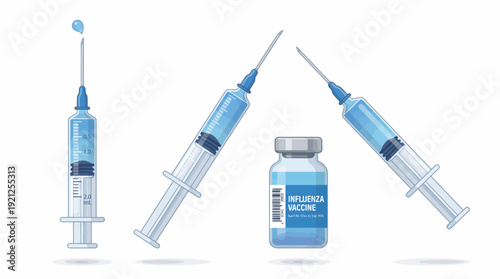 Medical Syringe and Vaccine Vector Set – Blue Injection Needles and Vial for Healthcare Posters, Immunization Campaigns, and Pharmaceutical Design Projects