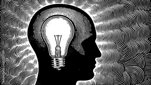 Creative thinking person with glowing lightbulb in mind, symbolizing ideas from profile view
