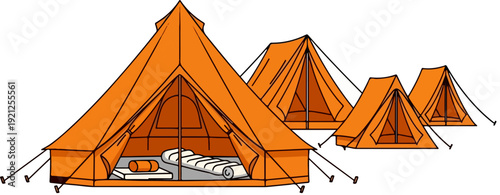 Camping tent vector icon collection. Includes four orange outdoor tents with one open showing a sleeping bag and mat. Created in outlined flat style with an orange and black palette.
