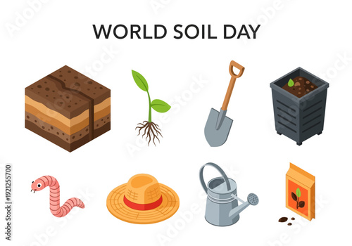 Celebrating World Soil Day with a vibrant collection of illustrations depicting the importance of healthy soil for plant growth, gardening, and environmental sustainability