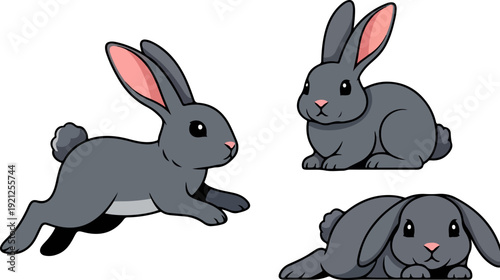 Three gray cartoon rabbits in different poses, including running, sitting, and lying down, with pink inner ears and noses, isolated on a transparent background.