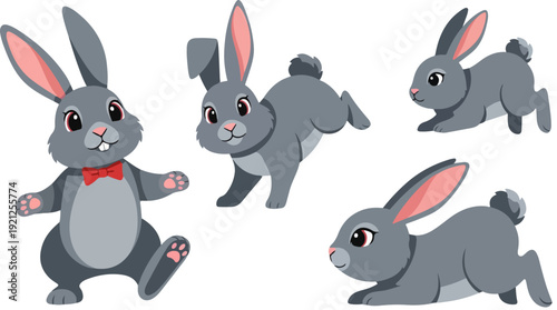 Cute gray rabbit vector collection featuring 5 different poses. Includes a standing rabbit with a red bow tie, a running rabbit, a jumping rabbit, and a crouching rabbit