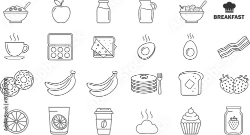 breakfast, food, icons, collection, line, vector, set, coffee, eggs, toast, fruit, cereal, bacon, pancakes, bakery, healthy, meal, kitchen, illustration,  