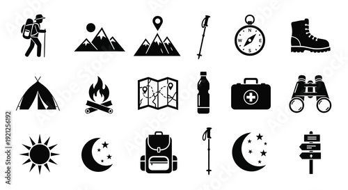 Black icons depict outdoor adventure and travel a silhouette