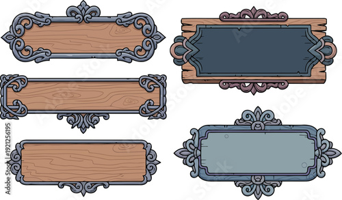Fantasy wooden signboard set with ornate gothic metal borders.