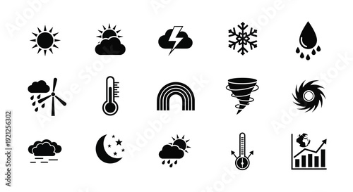 Black weather icons depicting various conditions in a simple silhouette