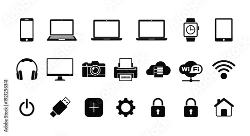 Collection of modern technology icons in a flat black silhouette