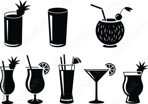 Cocktail, drinks, silhouette, glass, set, tropical, beverage, juice, alcohol, mocktail, bar, party, refreshment, pineapple, cherry, straw, citrus, summer, vector, illustration