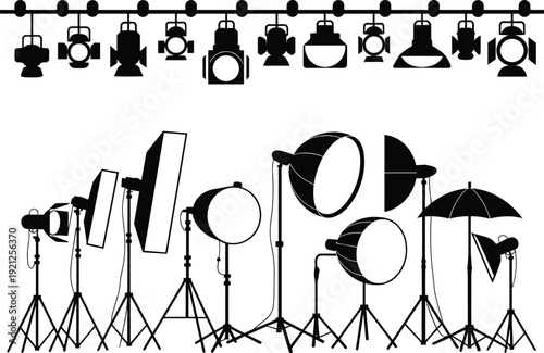 Studio, lighting, equipment, silhouette, photography, lights, softbox, spotlight, tripod, umbrella, flash, video, cinema, production, stage, rig, professional, gear, vector, illustration