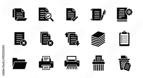 Black document icons representing files printing and organization silhouette