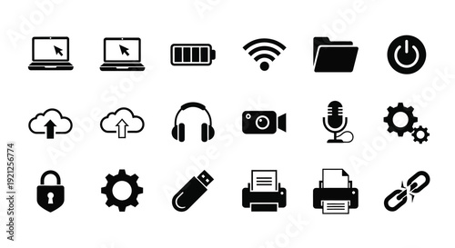 Collection of black technology icons and a dark silhouette