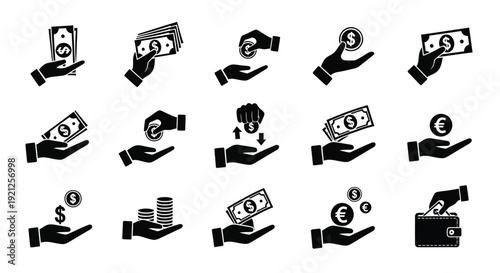 Various hands receiving or offering money a financial exchange silhouette
