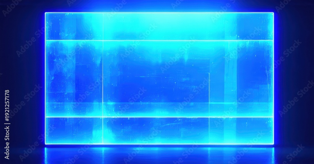 Fototapeta premium Bright blue rectangle glows against dark background. Lines create grid pattern within luminous shape. Minimalist design, futuristic aesthetic.