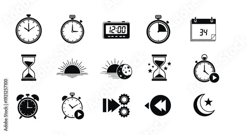 Various timekeeping icons and symbols in a black silhouette