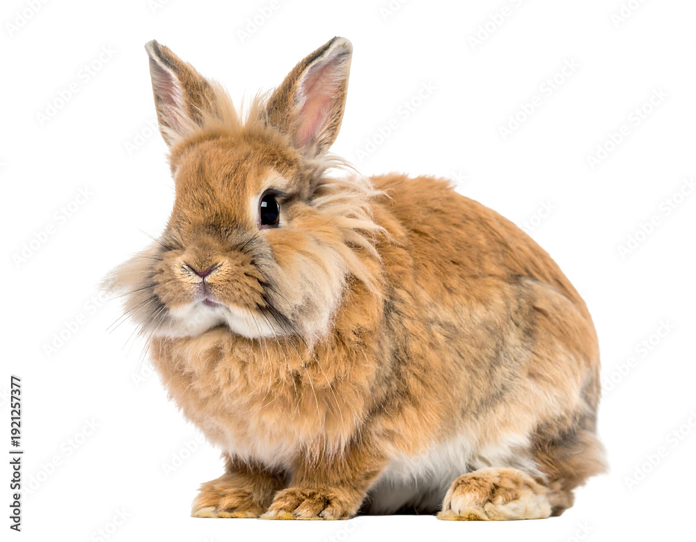 Obraz premium Adorable fluffy brown rabbit sitting and looking at camera.