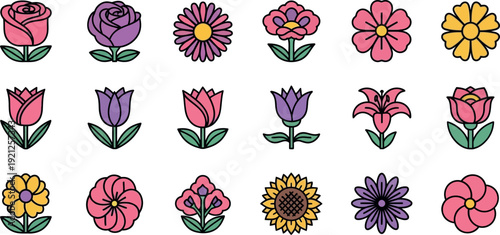 Colorful cartoon flowers on white background pink purple