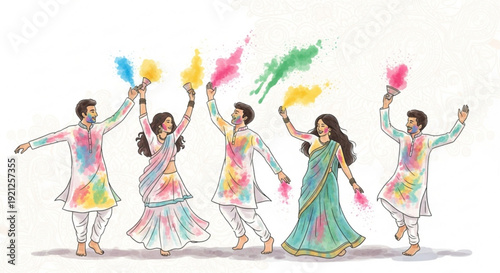 Diverse group of people celebrating holi with colorful powder dancing and having fun together in traditional clothing