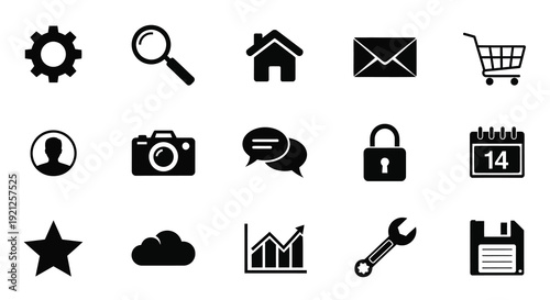 Collection of black glyph icons representing various digital functions silhouette