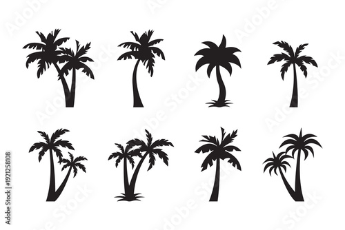 vector illustration of Set of Palm Tree Silhouettes Tropical Island Palm Icons for Summer and Beach Design.