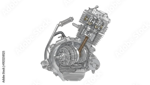 Motorcycle Engine CAD Section View Engineering Technical Illustration on White Background