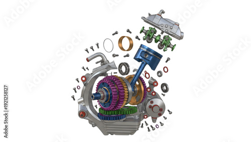 Motorcycle Engine Color Coded Exploded View 3D Technical Illustration on White Background