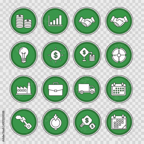 Business icons on green circles.
