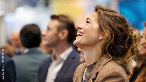 Happy staff enjoying a lively event while engaging with speakers at a bustling conference in a vibrant exhibition hall