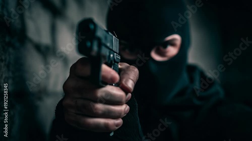 4k seamless video of a bandit pointing a gun. Concept of extortion and threat.