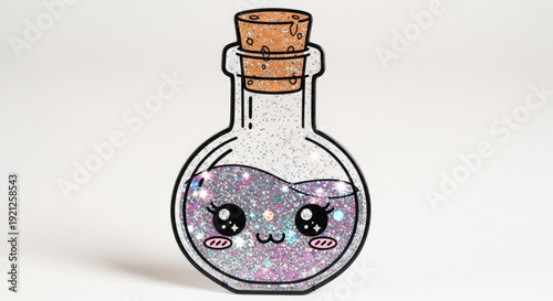 Whimsical cartoon glitter potion in glass bottle with cork stopper and cute face